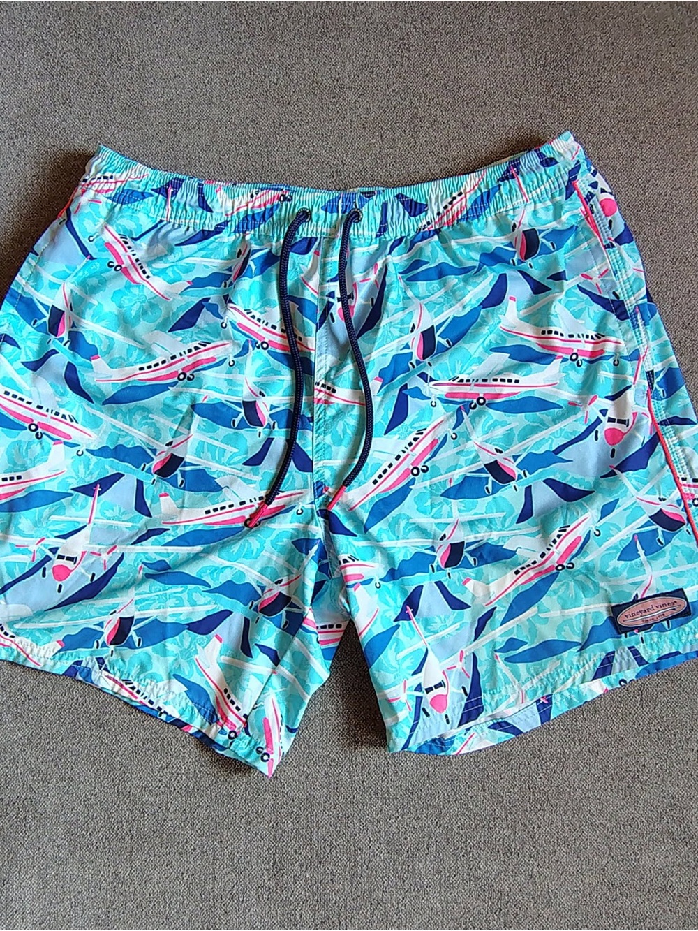 Vineyard Vines Mens Chappy Swim Trunks L Blue Pink AOP Airplanes Lined